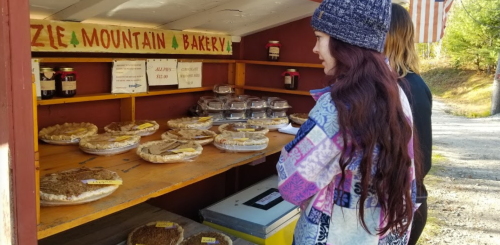 Two people admire a display of various pies at a bakery stand in a rustic setting.