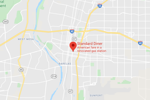 Map showing the location of Standard Diner, an American fare restaurant in a renovated gas station.
