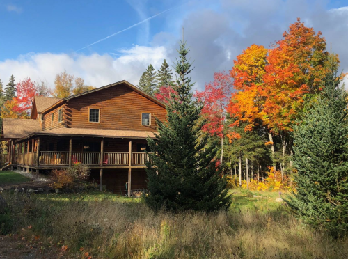 A rustic wooden cabin surrounded by vibrant autumn foliage and evergreen trees under a partly cloudy sky.