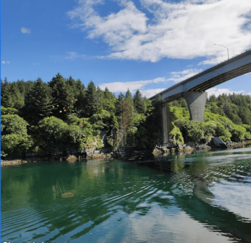 A serene river scene with lush greenery and a bridge overhead under a blue sky with scattered clouds.