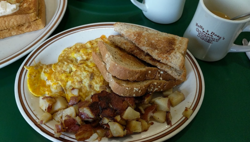A plate of breakfast featuring scrambled eggs, toast, crispy potatoes, and a side of bacon, with coffee in the background.
