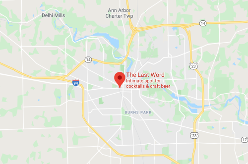 Map showing the location of "The Last Word," an intimate spot for cocktails and craft beer in Ann Arbor, Michigan.