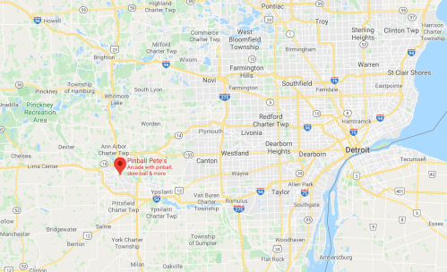 Map showing the location of Pinball Pete's arcade near Detroit, Michigan, with nearby towns and highways labeled.