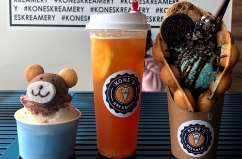 Three desserts from Kone's Kreamery: a bear-shaped ice cream scoop, a drink, and a waffle cone with ice cream and toppings.