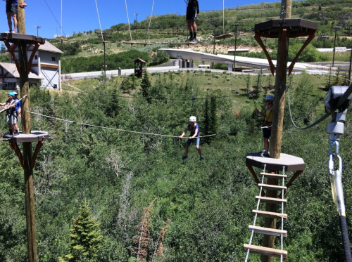 A person balances on a tightrope between two wooden platforms in a treetop adventure course surrounded by greenery.