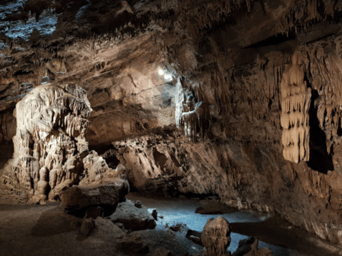 A dimly lit cave interior featuring stalactites and stalagmites, with rocky formations and a small pool of water.