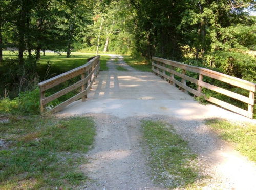 A wooden bridge spans a dirt path surrounded by lush greenery and trees.