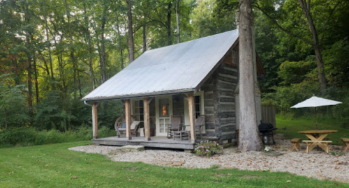 A rustic log cabin with a metal roof, surrounded by trees and a grassy area, featuring a porch and outdoor seating.