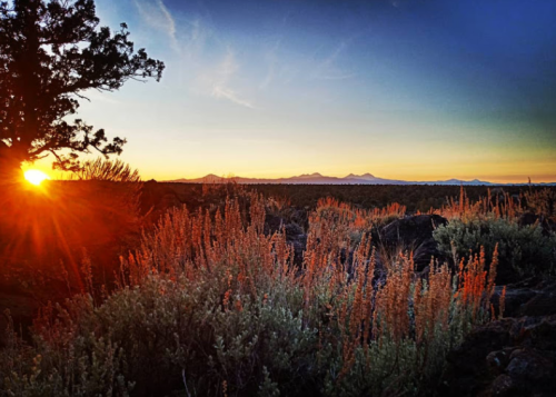Sunset over mountains with vibrant orange and green vegetation in the foreground, creating a serene landscape.