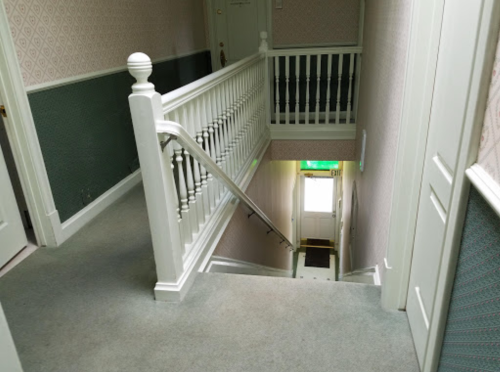 A view of a carpeted staircase with a white railing, leading down to a door at the bottom, surrounded by patterned walls.