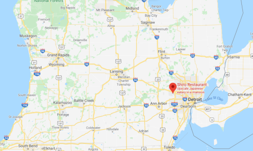 Map showing Michigan with a marker for Shiro Restaurant, an upscale Japanese eatery located near Detroit.