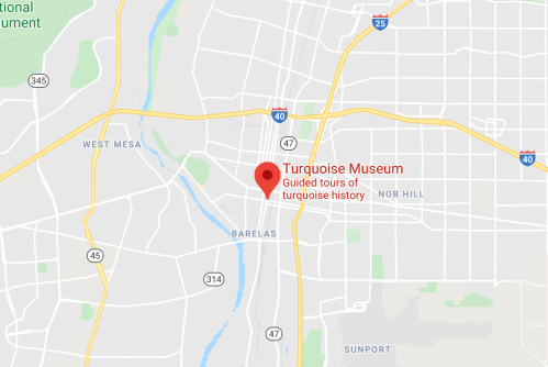 Map showing the location of the Turquoise Museum with nearby roads and landmarks. Guided tours of turquoise history available.