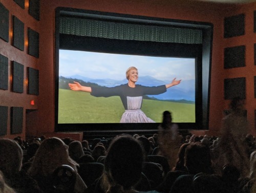 A scene from a movie showing a woman with outstretched arms on a large screen in a crowded theater.