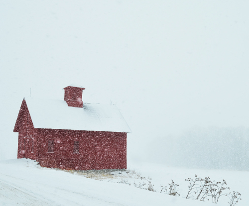 A red barn stands alone in a snowy landscape, with heavy snowfall obscuring the background.