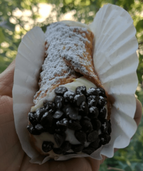A hand holding a cannoli filled with cream and topped with chocolate chips, dusted with powdered sugar.