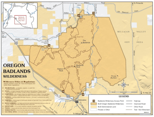 Map of Oregon Badlands Wilderness, showing trails, access points, and regulations for visitors.