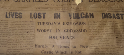 Historic newspaper headline about the Vulcan disaster, detailing lives lost and the impact on New Castle, Colorado.