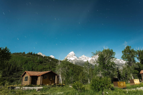 A rustic cabin surrounded by trees, with snow-capped mountains and a starry sky in the background.