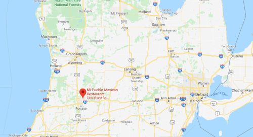 Map showing the location of Mt. Pueblo Mexican Restaurant in Michigan, near Portage and Kalamazoo.