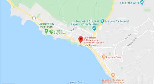 Map of Laguna Beach highlighting Las Brisas, a cliffside restaurant known for upscale Mexican cuisine.