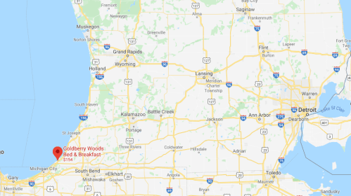 Map showing the location of Goldberry Woods Bed & Breakfast near Lake Michigan, south of South Bend, Indiana.