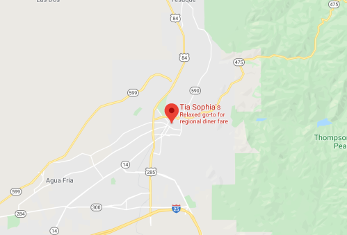 Map showing Tia Sophia's location, a relaxed diner, near major roads and surrounding areas.