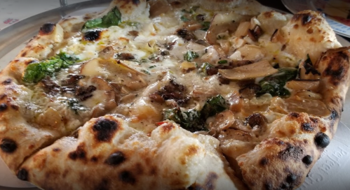 Close-up of a freshly baked pizza topped with mushrooms, greens, and melted cheese on a golden crust.