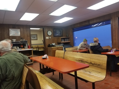 Cozy diner interior with wooden walls, red tables, and patrons seated, one looking out a large window.