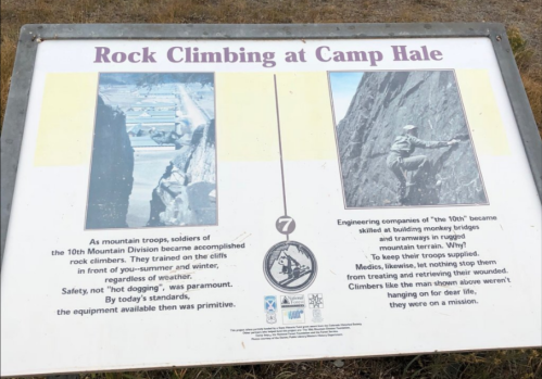 Sign about rock climbing at Camp Hale, detailing the history of the 10th Mountain Division and their training methods.