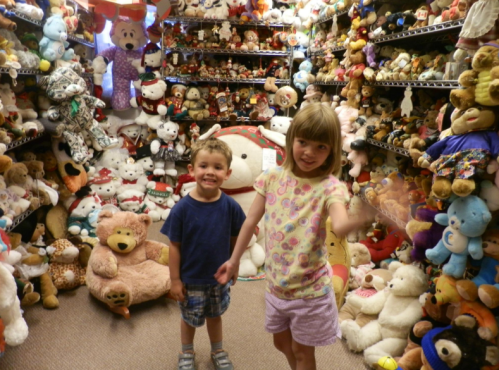 Two children stand in a room filled with shelves of stuffed animals, surrounded by a colorful array of toys.