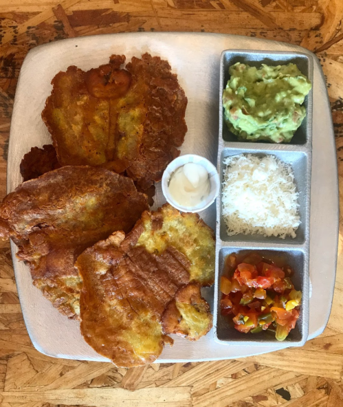 A plate with three crispy fried plantains, guacamole, sour cream, cheese, and a side of salsa.