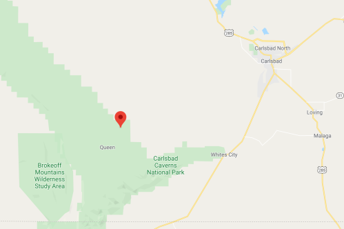 Map showing Queen, New Mexico, near Carlsbad Caverns National Park and surrounding areas.