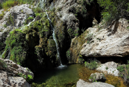 A serene waterfall cascades into a clear pool, surrounded by rocky terrain and lush greenery.