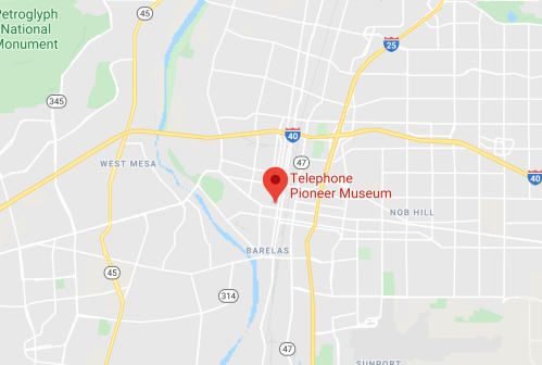 Map showing the location of the Telephone Pioneer Museum in Albuquerque, New Mexico, near major roads and landmarks.