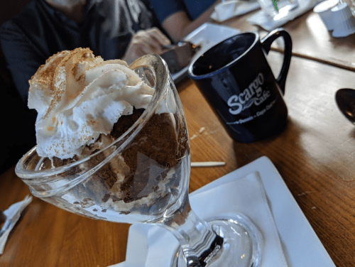 A glass dessert cup filled with layers of chocolate cake and ice cream, topped with whipped cream and a sprinkle of cinnamon.