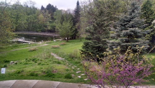 A serene park scene featuring a pond, walking path, trees, and picnic tables surrounded by lush greenery.