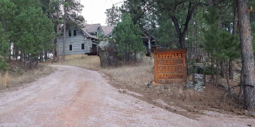 A dirt road leads to a rustic wooden building, with a weathered sign reading "Buffalo Rock Lodge" nearby. Pine trees surround the area.