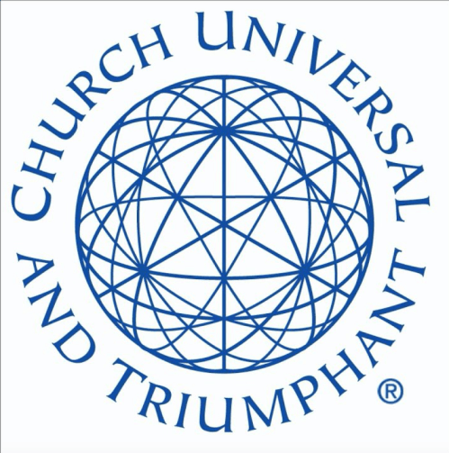 Logo of Church Universal and Triumphant featuring a blue geometric design with the text around it.