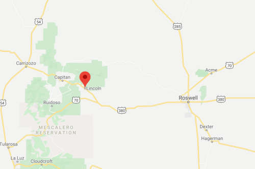 Map showing Lincoln, New Mexico, marked with a red pin, near Roswell and the Mescalero Reservation.