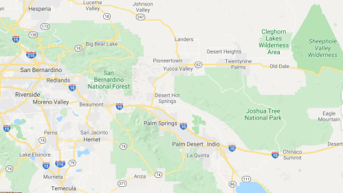Map showing San Bernardino National Forest, Joshua Tree National Park, and surrounding areas in California.