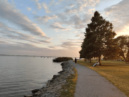 A peaceful lakeside path at sunset, with trees, people relaxing, and boats in the distance.
