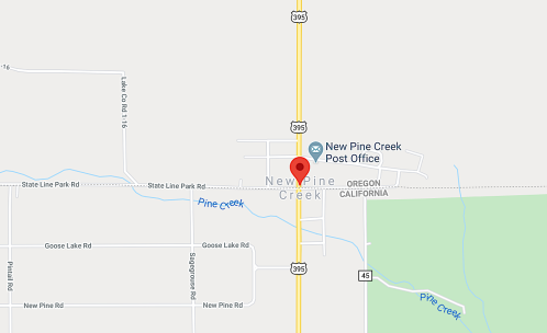 Map showing New Pine Creek, Oregon, with nearby roads and Pine Creek highlighted.