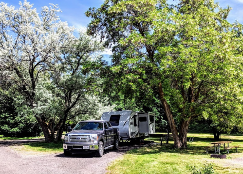 A silver truck parked next to a travel trailer under lush green trees in a sunny campsite.