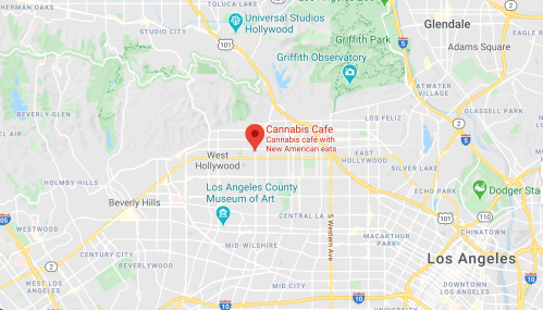 Map showing the location of Cannabis Cafe in West Hollywood, near Los Angeles, California.