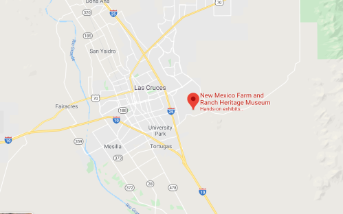 Map showing Las Cruces, New Mexico, with a marker for the New Mexico Farm and Ranch Heritage Museum.