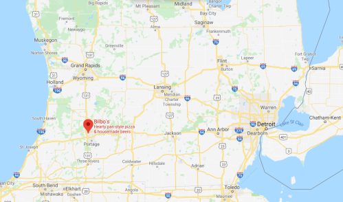 Map showing the location of Bilbo's pizza in Portage, Michigan, near major highways and cities like Kalamazoo and Detroit.