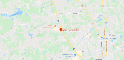 Map showing the location of Peachtree Peddler's Flea Market & Antique Centre near I-75, with nearby landmarks and roads.