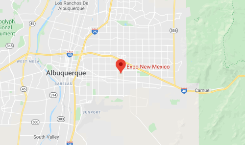 Map showing Albuquerque, New Mexico, with a marker for Expo New Mexico. Major roads and surrounding areas are visible.