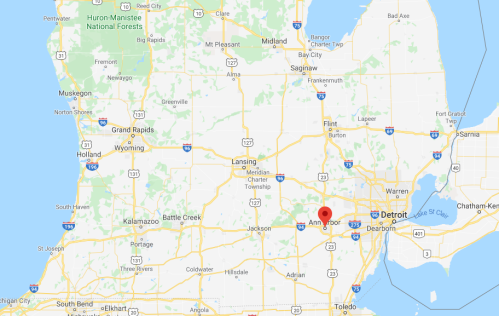 Map showing southeastern Michigan with a focus on Ann Arbor, near Detroit, and surrounding highways and cities.
