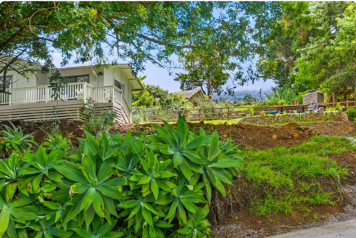 A hillside home surrounded by lush greenery and trees, with a clear blue sky in the background.